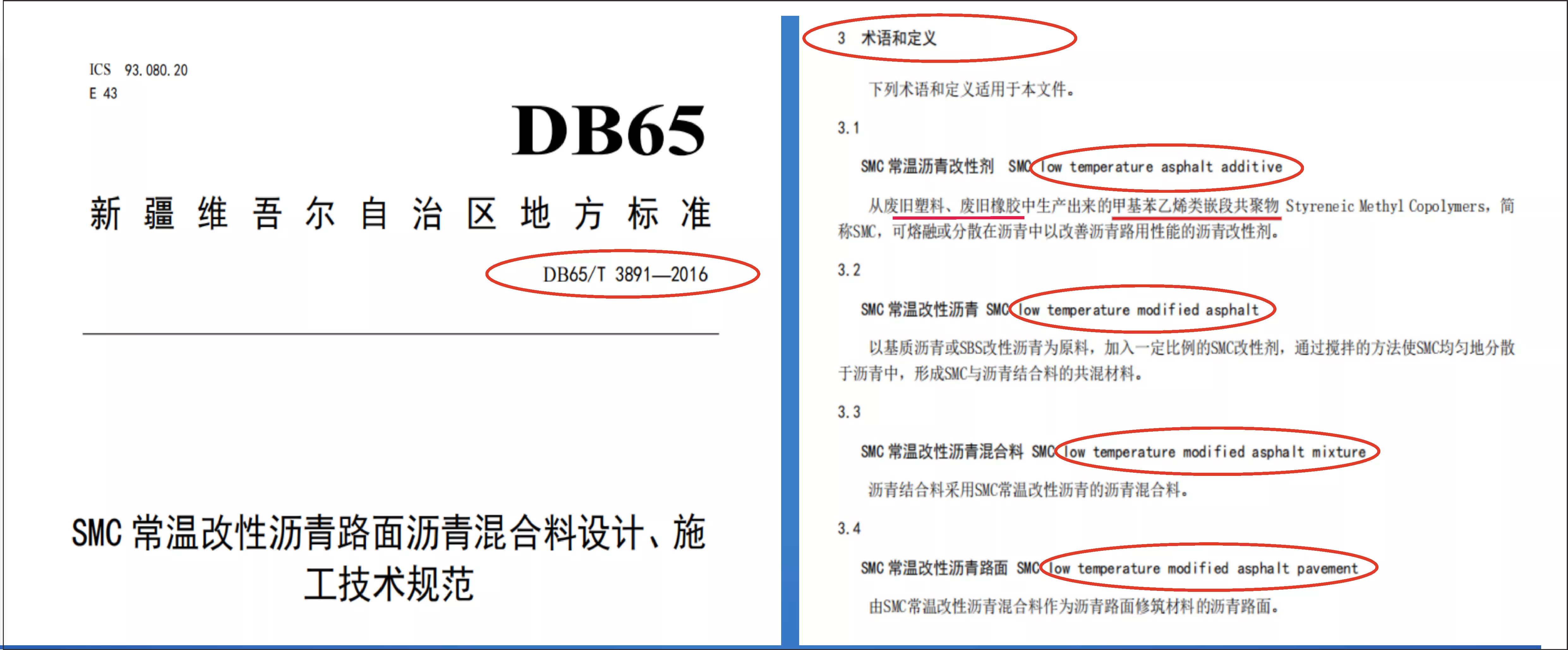 最先在我国正式制定英文版低温沥青改性剂等的术语定义以及工艺流程的是，新疆地方标准《SMC常温改性沥青路面沥青混合料设计、施工技术规范》 DB65/ 3891-2016